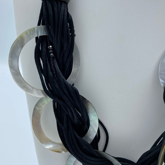 Mother of Pearl Rings Multi Black Cord Statement Necklace - Picture 8 of 10